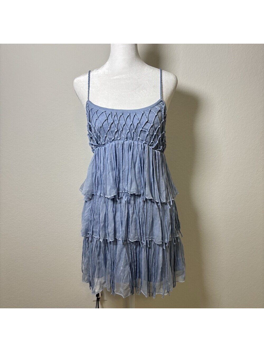 NWT Raga Mini Dress Spaghetti Strap Fringe Blue Ruffled Boho Whimsy Fairy Silk